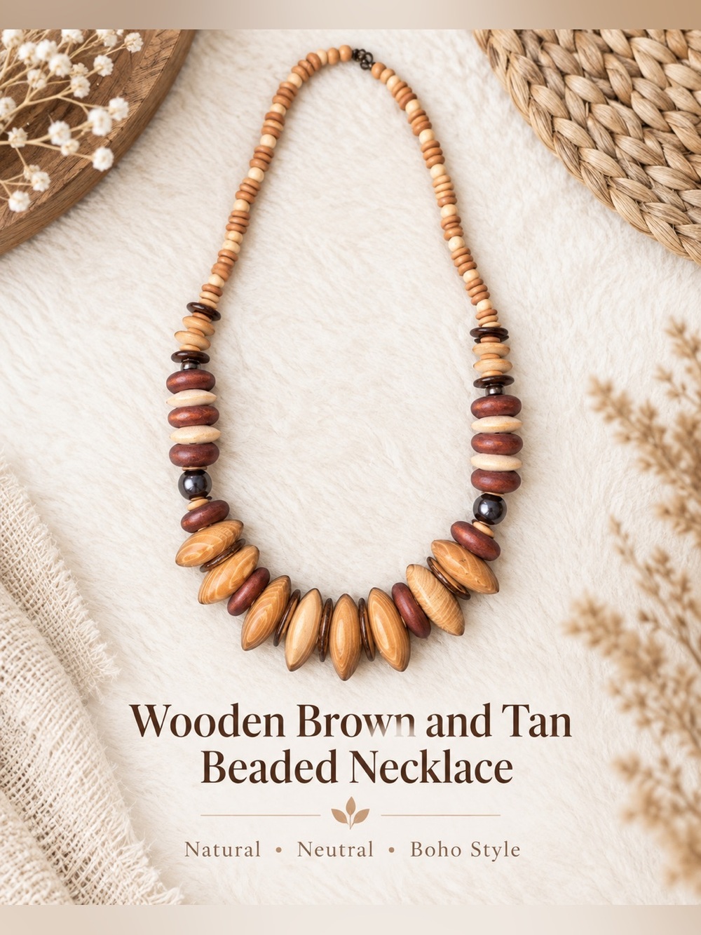 Wooden Brown and Tan Beaded Necklace